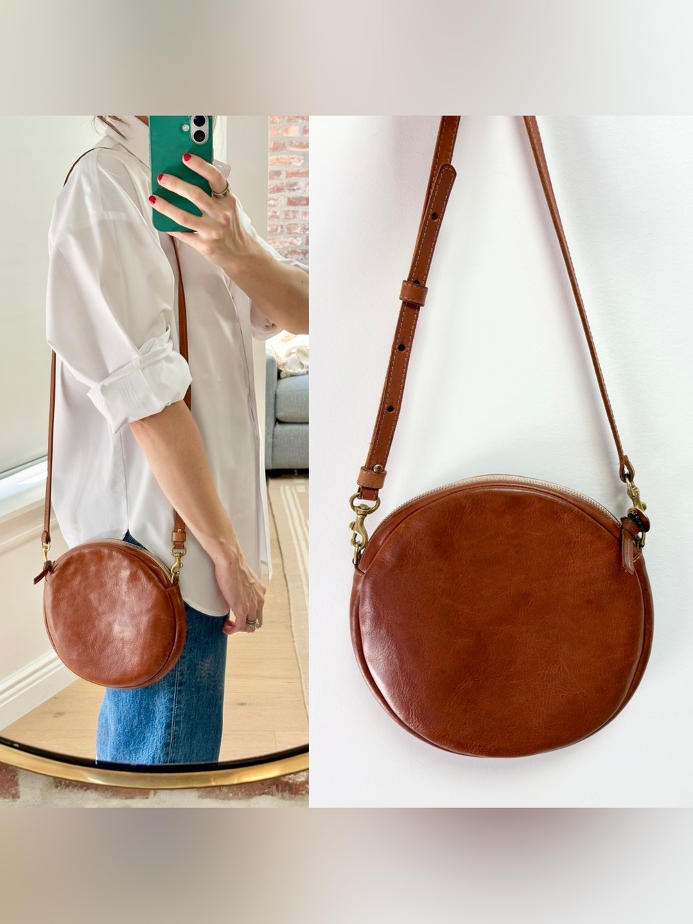 Clare V Circular Leather Crossbody Bag in Cognac